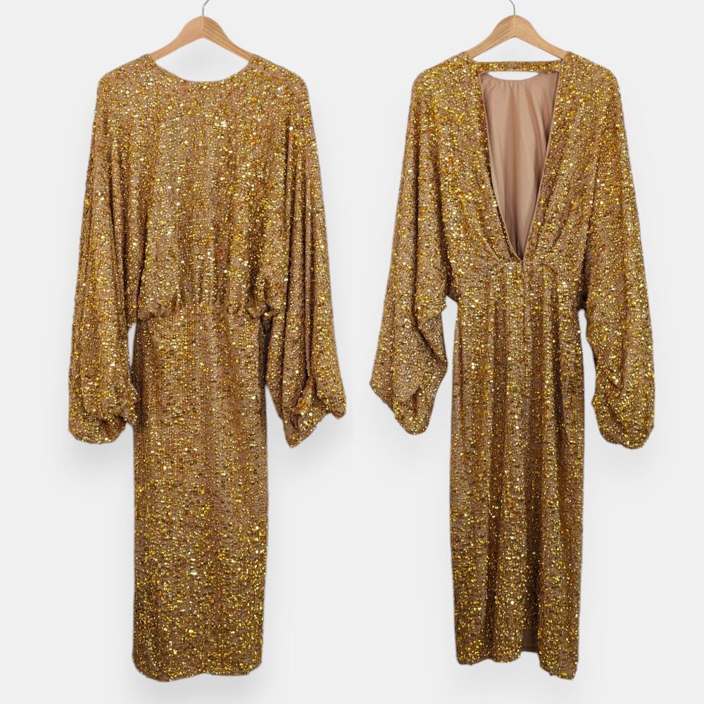 ASOS Modern Batwing Sleeve Midi Dress Sequin Gold Women Small Size 4